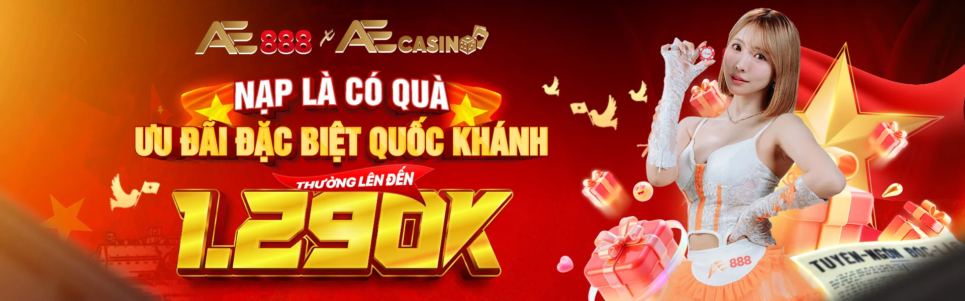 Ưu đãi nạp tiền AE888 Casino – Khuyến mãi đặc biệt Quốc Khánh lên đến 1,290K
